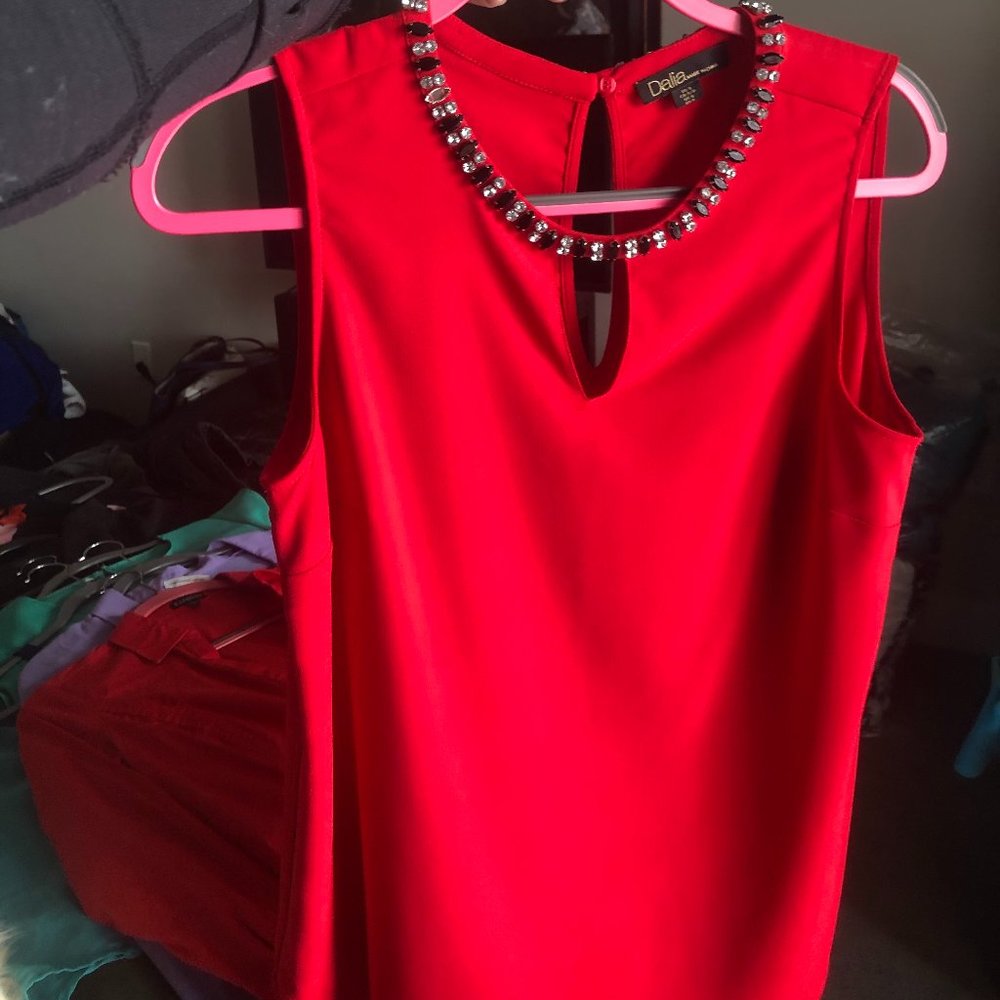 Jewel detail bright red sleeveless choker blouse